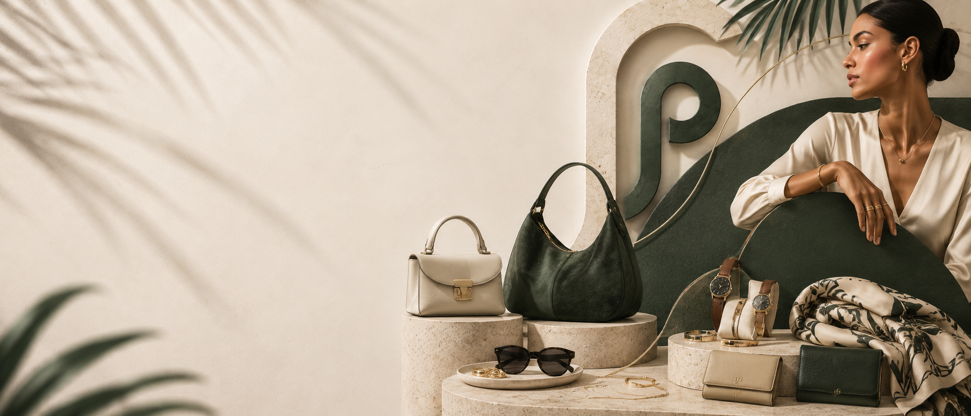 Handbags, jewelry, sunglasses and leather accessories arranged in a luxury display