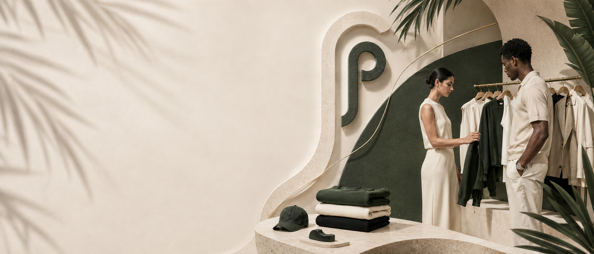 Curated clothing rail and folded garments in an elevated boutique setting
